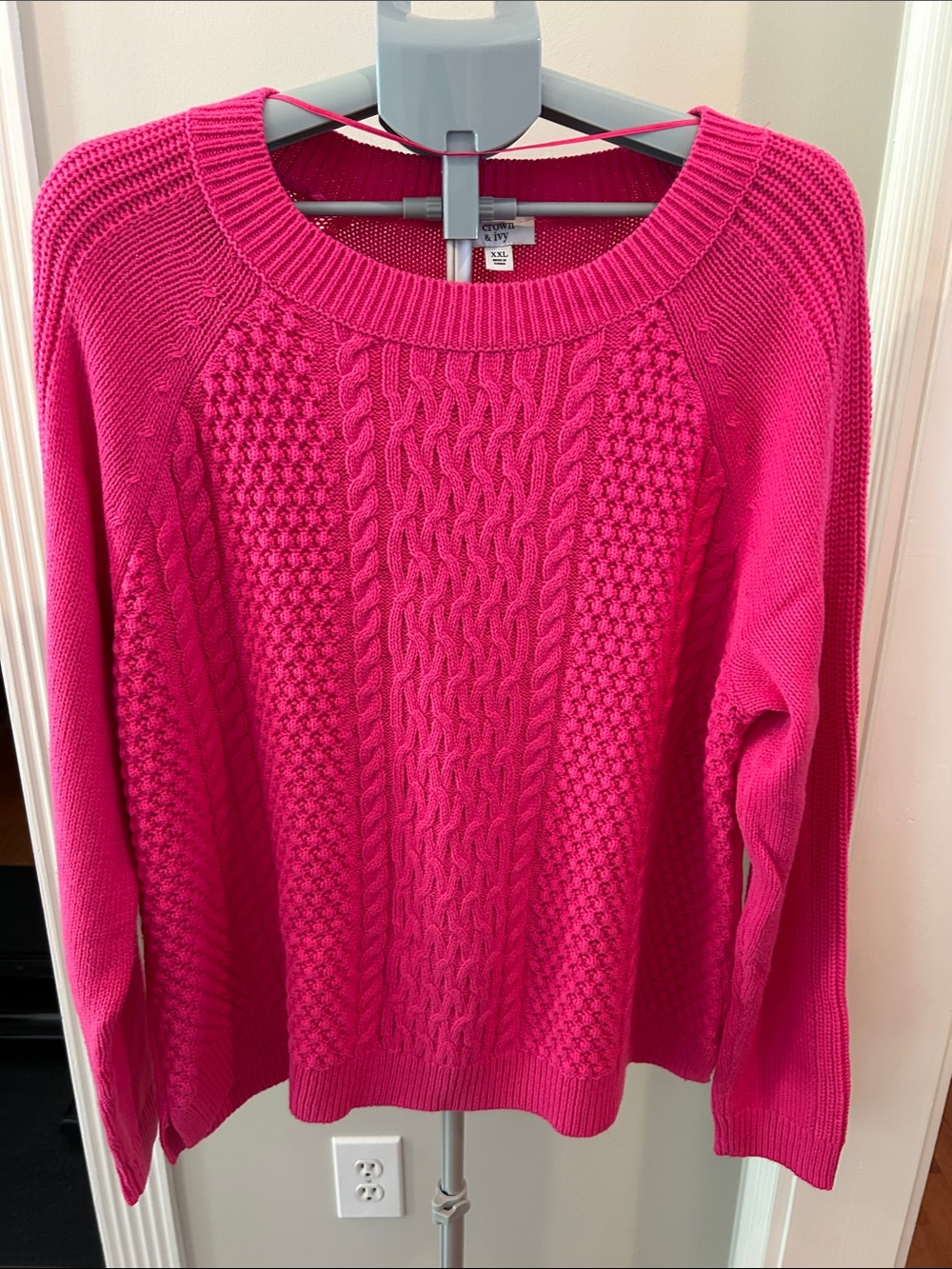 crown & ivy Hot Pink Cable Knit Crewneck Sweater